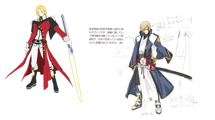 MORI: This is the first design that took its influence from the Shinsengumi uniform. The influence shows in having him wear a battle surcoat to make him appear as a member of an organization, and giving him a katana. [10]